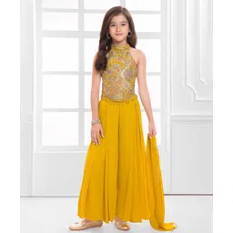 Ministitch Cotton Silk Woven Sleeveless Floral Embroidered & Sequins Embellished Crop Top & Palazzo With Dupatta Set - Yellow-picture-21