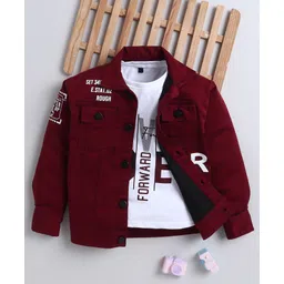 Ministitch Denim Woven Full Sleeves Typography Printed Jacket With Tee - Maroon-picture-14
