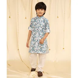 Ministitch Full Sleeves Abstract W Letter With Water Colour Splash Art Printed Kurta With Pyjama - Blue & White-picture-20