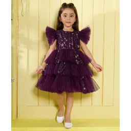 Ministitch Net Woven Flutter Sleeves Floral Embroidered & Sequins Embellished Tiered Dress - Wine-picture-13