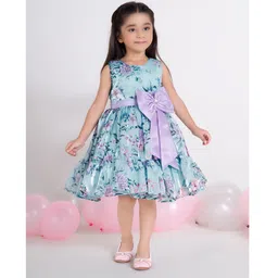 Ministitch Organza Woven Sleeveless Floral Printed Bow Applique Pleated Dress - Sea Green-picture-10