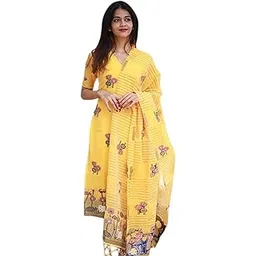 minius Women's Banarasi Silk Kurta Pant with V Neck Regular Fit Half Sleeves Floral Printed Pattern Knee Length and Dupatta Set-picture-41