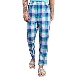 minjar Men's Cotton Plaid Pajama Pants, Regular Fit, Blue and Turquoise Checkered Pattern, Elastic Waist-picture-15