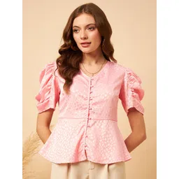 MINT STREET Abstract Printed V-Neck Puff Sleeve Satin Peplum Top-picture-25