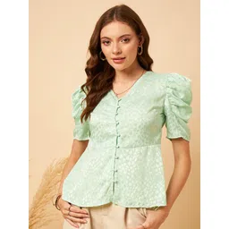 MINT STREET Abstract Woven Design Puff Sleeve V-Neck Jacquard Satin Peplum Top-picture-38