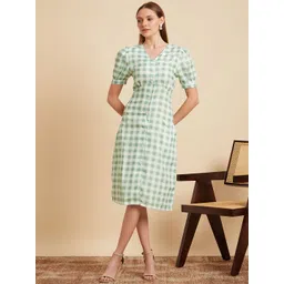 MINT STREET Checked Puffed Sleeves A-Line Dress-picture-31