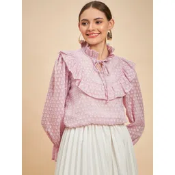 MINT STREET Self Design Tie-Up Neck Ruffles Puff Sleeve Top-image-33