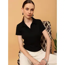 mint street Women Solid Polo Neck Polyester Black T-Shirt-picture-10