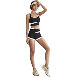 mippo Women's Workout 2 Piece Set U-Neck Sleeveless Crop Top and High Waist Shorts-picture-37