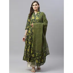 MIRAVAN Floral Printed V-Neck Pure Cotton Anarkali Kurta with Dupatta-picture-39