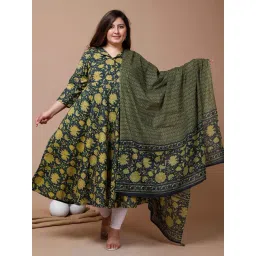 Miravan Green Floral Print Plus Size Anarkali Kurta With Dupatta-image-28