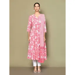 Miravan Pink Cotton Printed Anarkali Kurta With Dupatta-picture-31
