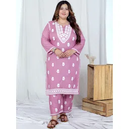 MIRAVAN Plus Size Embroidered Notch Neck Chikankari Pure Cotton Kurta & Palazzos-image-24