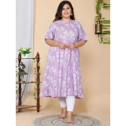 MIRAVAN Plus Size Floral Printed Cotton Anarkali Kurta-image-47