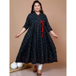 MIRAVAN Plus Size Floral Printed Cotton Angrakha Kurta-image-49