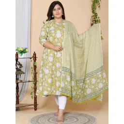 MIRAVAN Plus Size Floral Printed Cotton Kurta With Dupatta-image-46