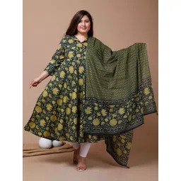 MIRAVAN Plus Size Floral Printed Cotton V-Neck A-Line Kurta With Dupatta-image-22