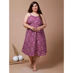 MIRAVAN Plus Size Floral Printed Empire Shoulder Straps Neck Cotton Midi Dress-image-18