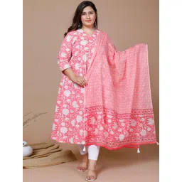 MIRAVAN Plus Size Floral Printed Mukaish Anarkali V-Neck Empire Pure Cotton Kurta-image-44