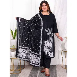 MIRAVAN Plus Size Floral Printed Pleated Pure Cotton A-Line Kurta With Palazzo And Dupatta-image-12