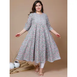 MIRAVAN Plus Size Floral Printed Pure Cotton Anarkali Kurta-image-38