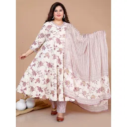 MIRAVAN Plus Size Floral Printed Pure Cotton Anarkali Kurta with Palazzos & Dupatta-image-41