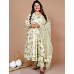 MIRAVAN Plus Size Floral Printed Pure Cotton Anarkali Kurta with Trousers & Dupatta-image-11