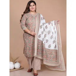 MIRAVAN Plus Size Floral Printed Pure Cotton Straight Kurta & Palazzos  With Dupatta-image-45