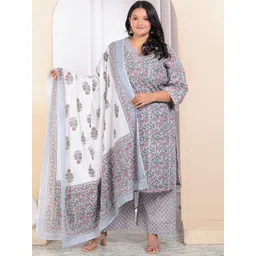 MIRAVAN Plus Size Floral Printed Pure Cotton Straight Kurta With Palazzos & Dupatta-image-13
