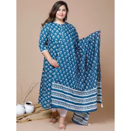 MIRAVAN Plus Size Geometric Printed Anarkali Pure Cotton Kurta-image-15