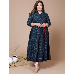 MIRAVAN Plus Size Printed Anarkali V-Neck Empire Pure Cotton Kurta-image-20