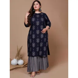MIRAVAN Plus Size Printed Pure Cotton Straight Kurta with Sharara-image-14