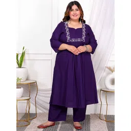 MIRAVAN Plus Size Thread Work Pleated Pure Cotton A-Line Kurta With Palazzo-image-25