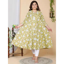 MIRAVAN Plus Size V-Neck Floral Printed Anarkali Cotton Kurta-image-48