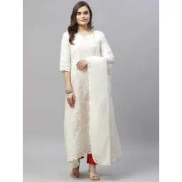 Miravan White Cotton Embroidered A Line Kurta With Dupatta-picture-40