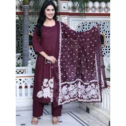 MIRAVAN Women Embroidered Regular Pure Cotton Kurta with Palazzos & With Dupatta-picture-27