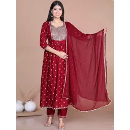 MIRAVAN Women Ethnic Motifs Embroidered Regular Kurta with Trousers & With Dupatta-picture-34
