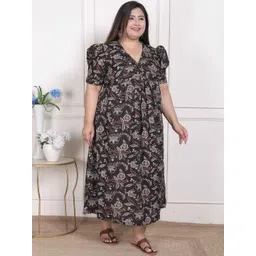 MIRAVAN Women Floral Printed Gathered Puff Sleeve Plus Size Cotton A-Line Midi Dress-image-5