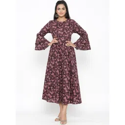 MIRAVAN Women Maroon Floral Printed Flared Sleeves Anarkali Cotton Kurta-picture-28