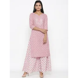 MIRAVAN Women Pink Floral Printed Gotta Patti Pure Cotton Kurta with Palazzos-picture-18