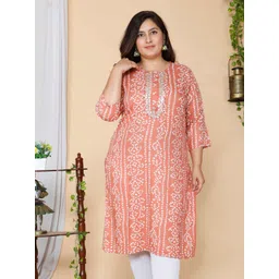 MIRAVAN Women Plus Size Peach-Coloured Bandhani Printed Kurta-image-9