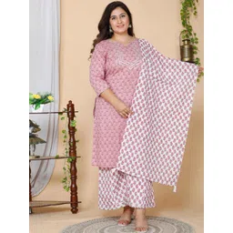 MIRAVAN Women Plus Size Pink Floral Printed Gotta Patti Pure Cotton Kurta With Palazzos & Dupatta-image-34