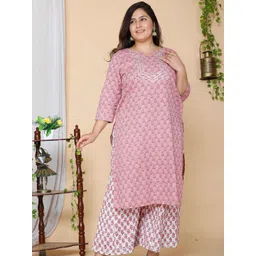 MIRAVAN Women Plus Size Pink Floral Printed Pure Cotton Kurta with Palazzos-image-33