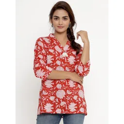MIRAVAN Women Red Floral Printed Mandarin Collar Pure Cotton Top-picture-37