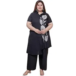 Womens Plus Size Black Pure Cotton Floral Embroidered High Low Kurta Set-image-6