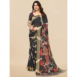 MIRCHI FASHION Black & Red Floral Printed Zari Saree-picture-34