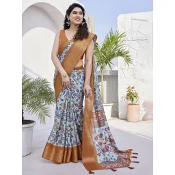 MIRCHI FASHION Blue Floral Printed Zari Saree-picture-24
