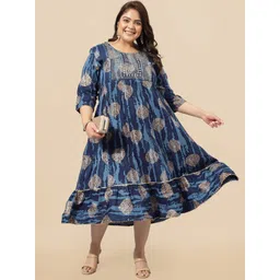MIRCHI FASHION Plus Size Blue Ethnic Motifs Printed Embellished Cotton Empire Ethnic Dress-picture-18