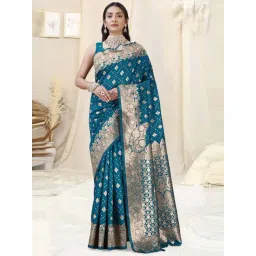 MIRCHI FASHION Teal Blue Silk Woven Saree With Unstitched Blouse-picture-26