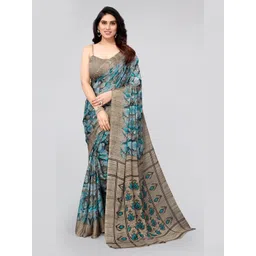 MIRCHI FASHION Turquoise Blue & Grey Floral Ikat Saree-picture-10